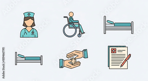 Healthcare and medical icons in flat design. Features nurse, patient wheelchair, hospital beds, medication, medical documents. Ideal for digital health apps and web resources