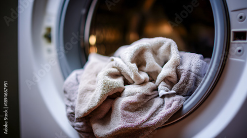 Laundry is being done in a washing machine with a load of damp towels inside during the day