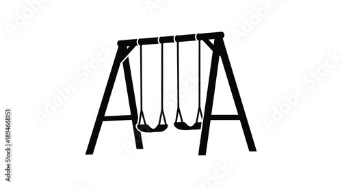 A striking black and white image depicts a swing set with two swings creating a minimalist silhouette