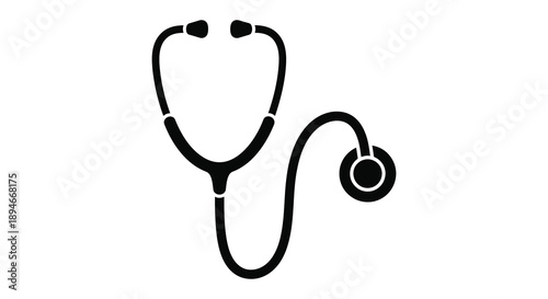 A stark black outline depicts a medical stethoscope representing healthcare and diagnosis as a bold silhouette high quality