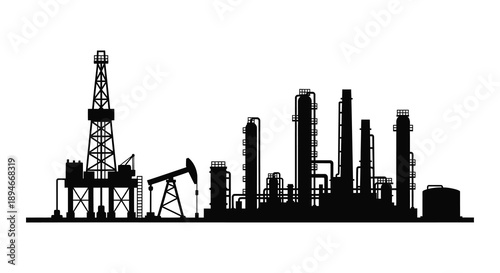 A stark black silhouette of an oil refinery and drilling rig against a bright white background silhouette