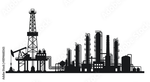 An industrial complex featuring an oil rig and refinery structures presented as a striking silhouette high quality professional