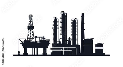 A stark black silhouette depicts an oil refinery and drilling rig against a bright undefined background silhouette