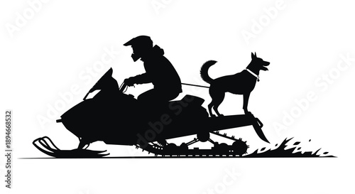 A dynamic black silhouette depicts a snowmobiler with a dog showcasing winter adventure and speed silhouette high quality