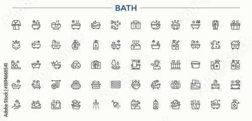 Set of Bath line icon. Includes thin line symbols toilet, wash room, room, sanitary and more. Trendy minimal icons. Sanitary icon set. Editable stroke vector art.