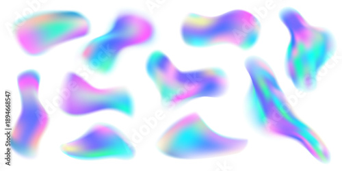 Soft blue fluid shapes with glowing aura for modern design. Pastel waves blended in holographic mesh with iridescent light for trendy creative projects. Vector illustration