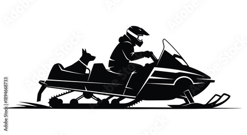 A striking black silhouette depicts a snowmobiler with a dog showcasing winter recreation and adventurous spirit silhouette