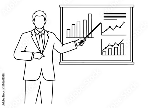 Businessman presenting statistical graphs on a whiteboard during a corporate meeting in a modern office environment from a frontal viewpoint.