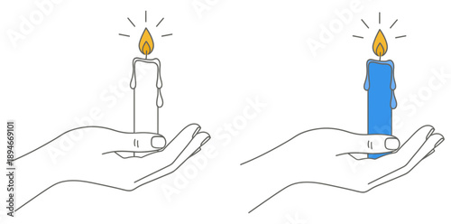 Illustration of candle being lit and held in hand from a straightforward perspective depicting a simple action event
