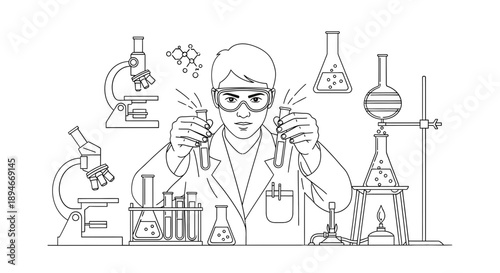 Scientist in lab coat examining test tubes amidst various laboratory equipment and microscopes in a detailed illustration from a frontal viewpoint