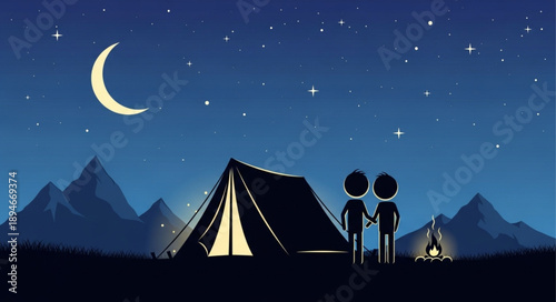Couple Camping Under a Crescent Moon and Starry Night Sky.