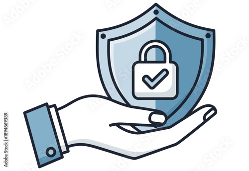 A hand holding a shield with a padlock icon, symbolizing protection and security measures in a digital environment from a straightforward viewpoint