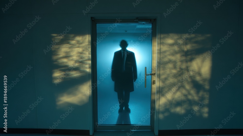 Obraz premium Silhouette of Doctor in Doorway of Operating Room Revealing Unexpected Environment During Medical Procedure