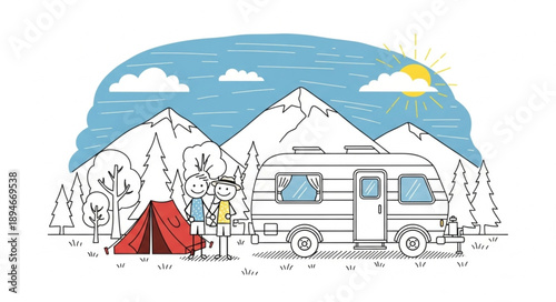 Couple camping with RV and tent in mountains.
