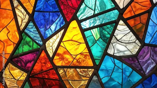 Abstract stained glass window with vibrant colors and geometric shapes, creating a beautiful background.