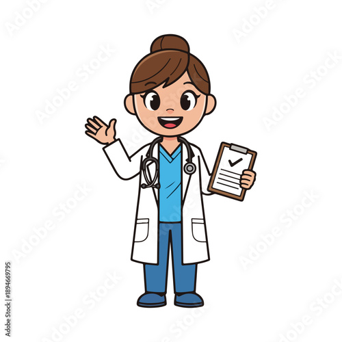 Smiling Female Doctor Character Holding Clipboard Waving