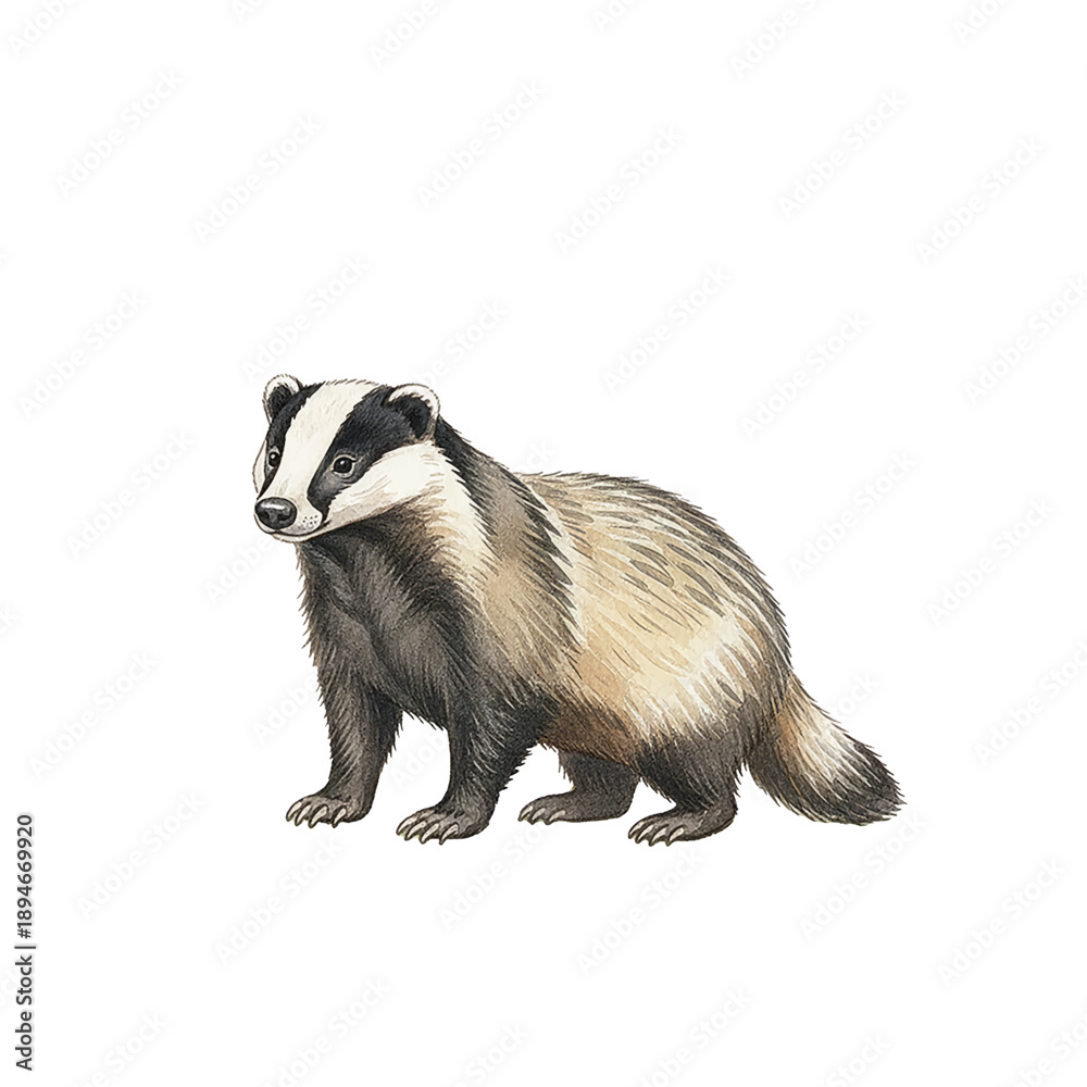 Naklejka premium Detailed watercolor illustration of a European badger standing calmly on green grass with a gentle expression