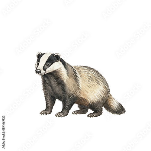 Detailed watercolor illustration of a European badger standing calmly on green grass with a gentle expression