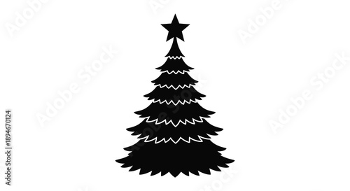 A stark black christmas tree shape stands prominently against a white background creating a bold silhouette high quality
