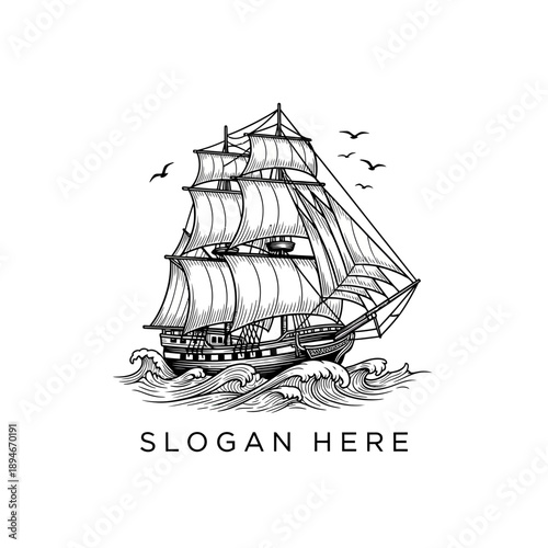 Vintage Tall Ship Sailing on Wavy Ocean Waters.