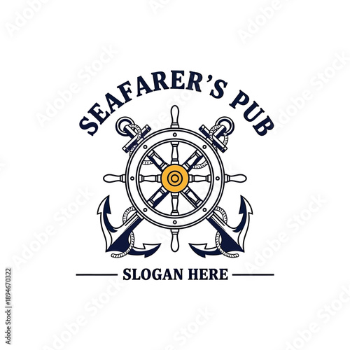 Nautical Seafarers Pub Emblem with Ship Wheel and Anchors.
