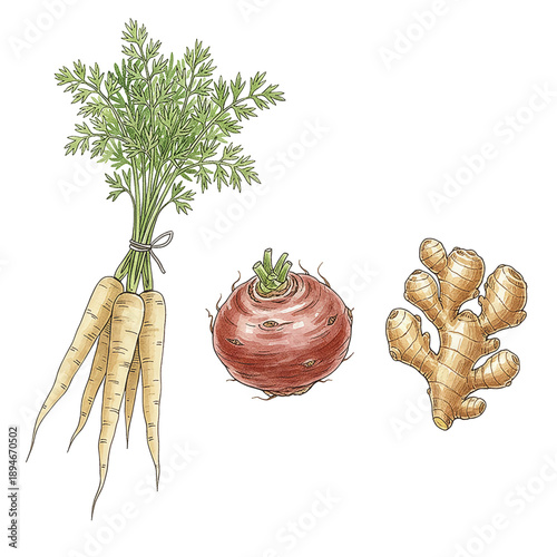 Freshly harvested root vegetables including parsnips turnip and ginger in a bright watercolor illustration