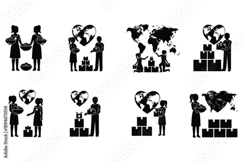 Silhouette icons of people helping each other with boxes and food for global charity and humanitarian aid  symbolizing kindness and support