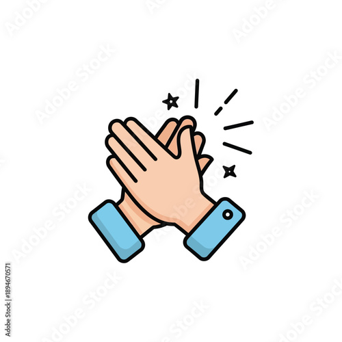 Cartoon illustration of two hands clapping with stars and lines indicating applause, celebration, and approval.