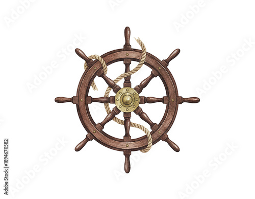 Detailed watercolor illustration of a vintage ship's steering wheel with rope and brass center nautical theme
