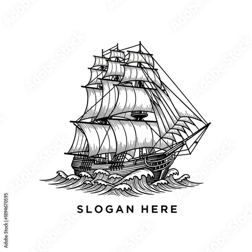 Vintage Sailing Ship Illustration on Wavy Ocean Waters.
