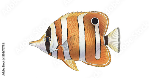 Detailed illustration of a Copperband Butterflyfish swimming peacefully with distinct orange and white stripes