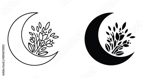 Crescent Moon with Leaves Illustration Design