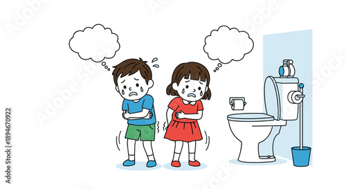 Illustration of a young boy and girl looking distressed and needing to use the toilet, concept of stomach ache or bladder control issues.