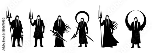 Collection of Lord Shiva silhouettes with long hair holding a trishula or trident for Maha Shivaratri Hindu festival celebration