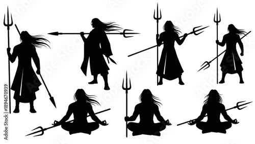 Collection of black Lord Shiva silhouettes in different meditation and standing poses holding a trident for Maha Shivaratri Hindu festival concept