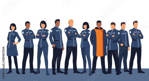 A diverse team of professionals standing together in matching futuristic or corporate blue uniforms, showing unity and teamwork.