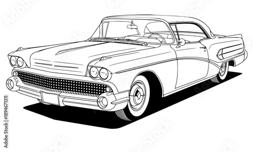 Mid-Century American Hardtop Sedan 1950s Vintage Car Line Art Illustration
