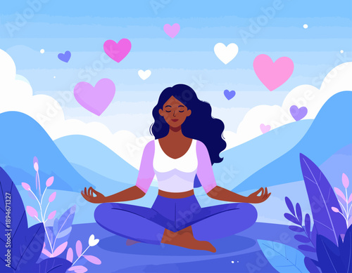 A serene woman meditating in a lotus position surrounded by floating hearts and peaceful blue and purple landscapes.