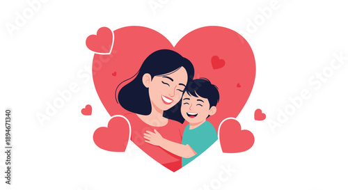 A loving mother and her happy son embracing inside a large red heart, symbolizing maternal love and a strong family bond.