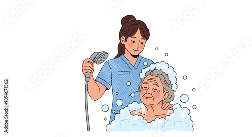A female caregiver or nurse gently washing the hair of a relaxed elderly woman in a bath full of soap bubbles and suds.