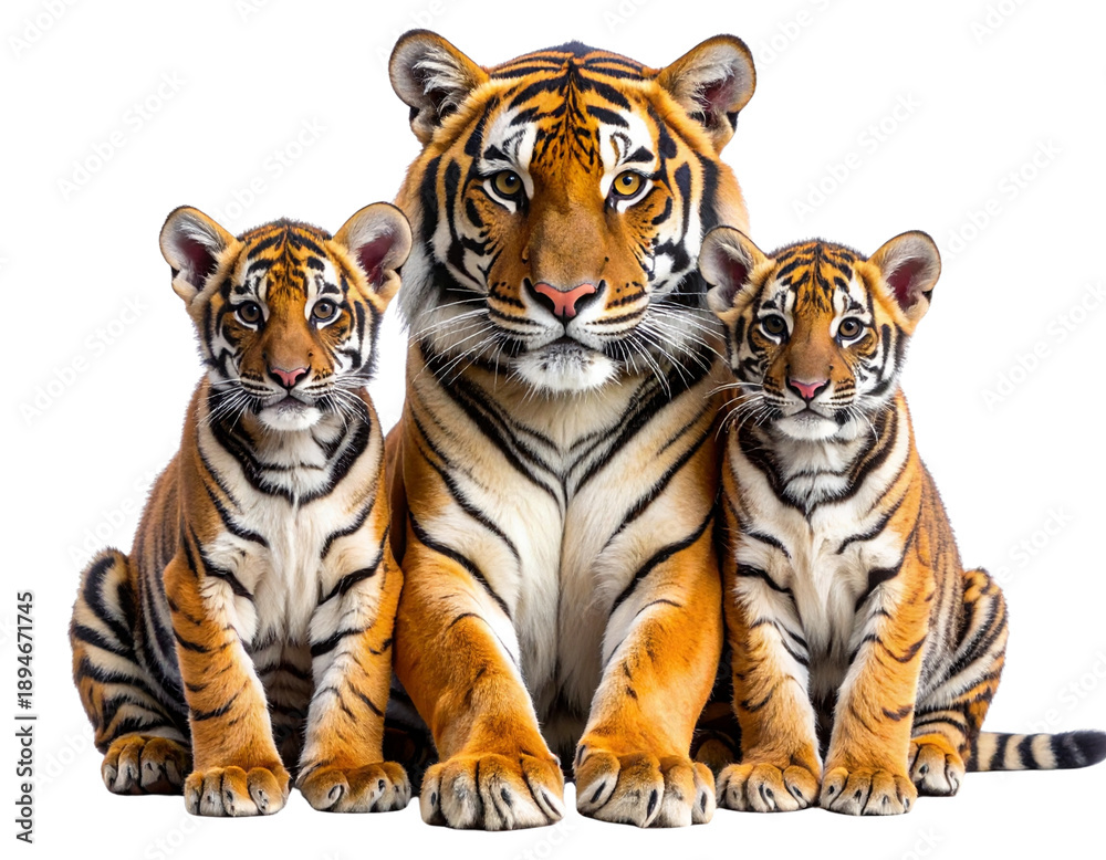 Obraz premium Bengal Tiger Mother Sitting with Two Cubs, Family Wildlife Portrait, Transparent Background