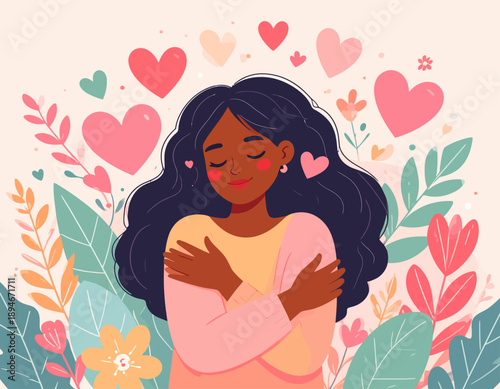 A beautiful illustration of a woman embracing herself surrounded by hearts and flowers, symbolizing self-love and inner peace.