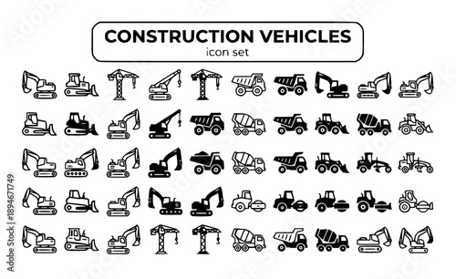 Construction Vehicles Equipment Excavator Bulldozer Crane Dump Truck Loader Backhoe Concrete Mixer Heavy Machinery Building Site Vector Icon Set - Construction Equipment