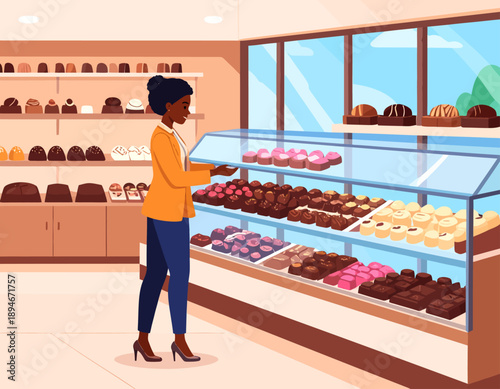 An African American woman browsing a display case filled with various pastries and chocolates in a modern bakery.