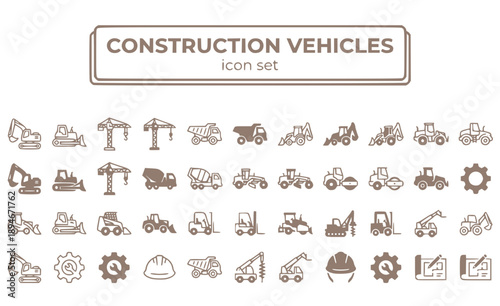 Construction Vehicles Equipment Excavator Bulldozer Crane Dump Truck Loader Backhoe Concrete Mixer Heavy Machinery Building Site Vector Icon Set - Construction Equipment