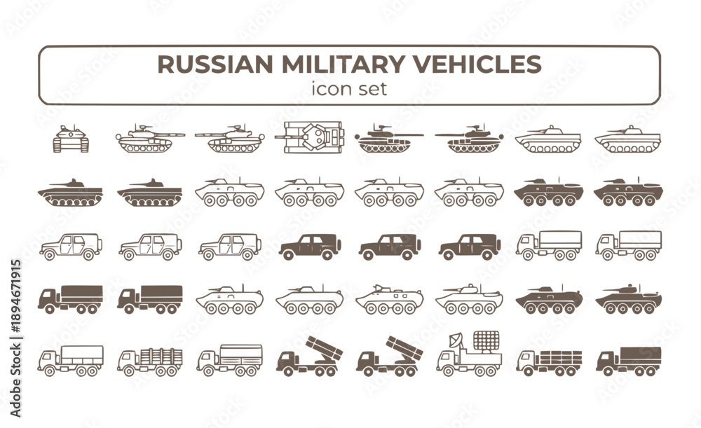 Obraz premium Russian Military Vehicles Armed Forces Tank BMP BTR Armored Combat KAMAZ UAZ Transport Defense Equipment Army Vector Icon Set - Russian Defense