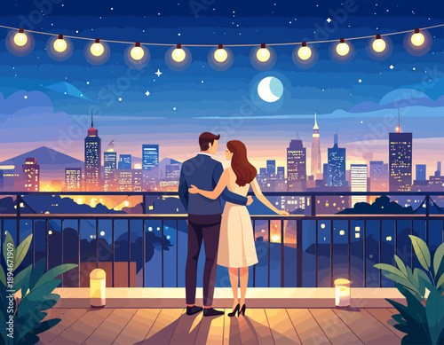 Romantic couple standing on a balcony overlooking a city skyline at night. Flat vector illustration of a date night and urban landscape.