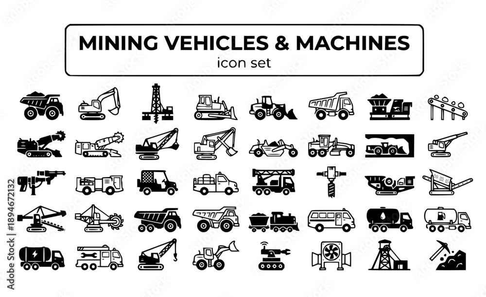 Obraz premium Mining Vehicles Machines Equipment Haul Truck Excavator Drill Rig Bulldozer Loader Dump Heavy Machinery Underground Operations Vector Icon Set - Mining Equipment