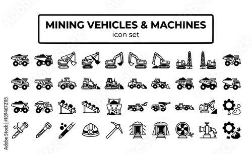 Mining Vehicles Machines Equipment Haul Truck Excavator Drill Rig Bulldozer Loader Dump Heavy Machinery Underground Operations Vector Icon Set - Mining Equipment