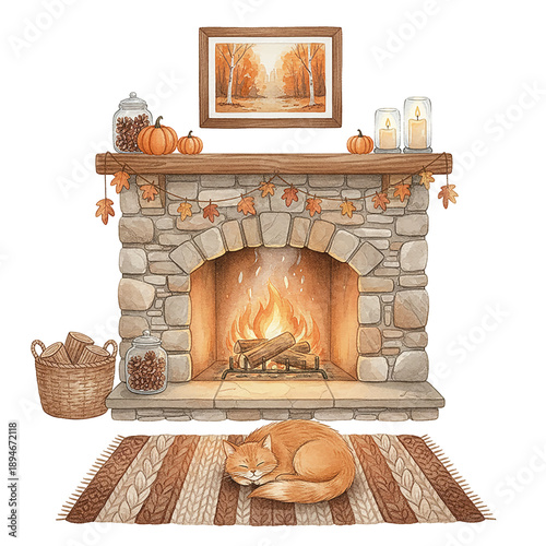 Cozy Watercolor Fireplace with Warm Fire Sleeping Orange Cat Autumn Decorations and Rustic Hearth